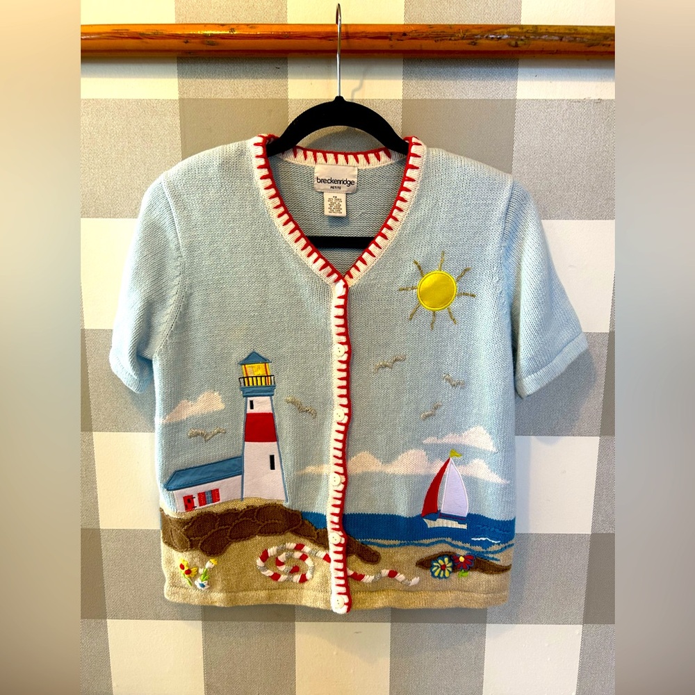 Breckenridge Lighthouse Summer Sailboat Short Sleeve Sweater Women’s Med Petite